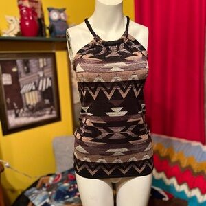 Le Chateau Black and Brown Patterned Halter Top